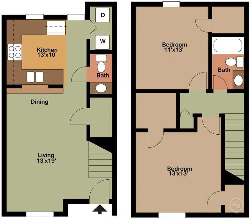 Floor plan for 2 beds, 1.5 baths, 1000 sqft